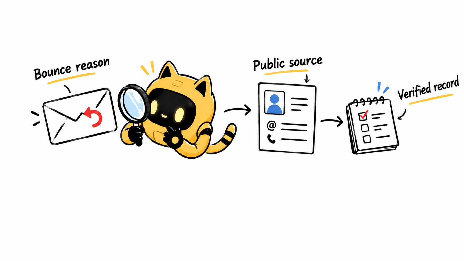 A yellow cat-eared robot connects the bounce reason, public contact source, and verification record.