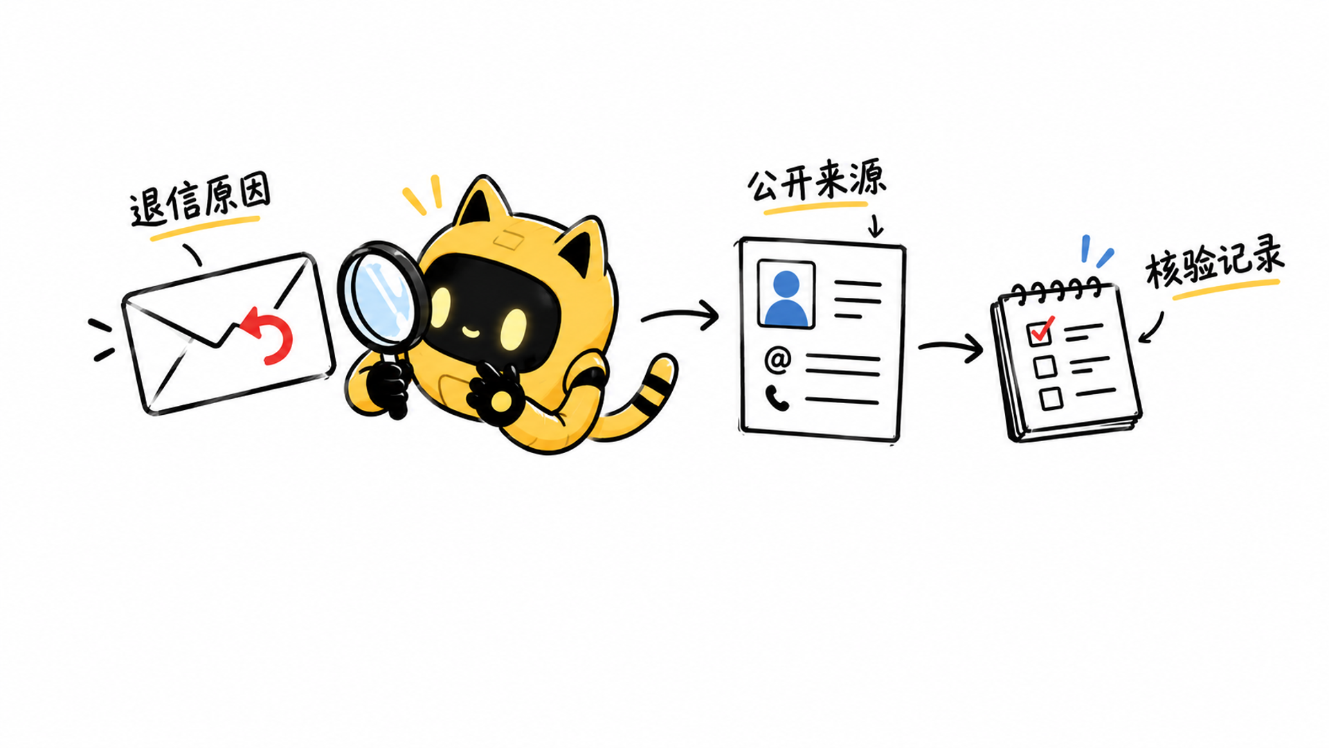 黄色猫耳机器人将退信原因、公开来源和核验记录连起来检查。