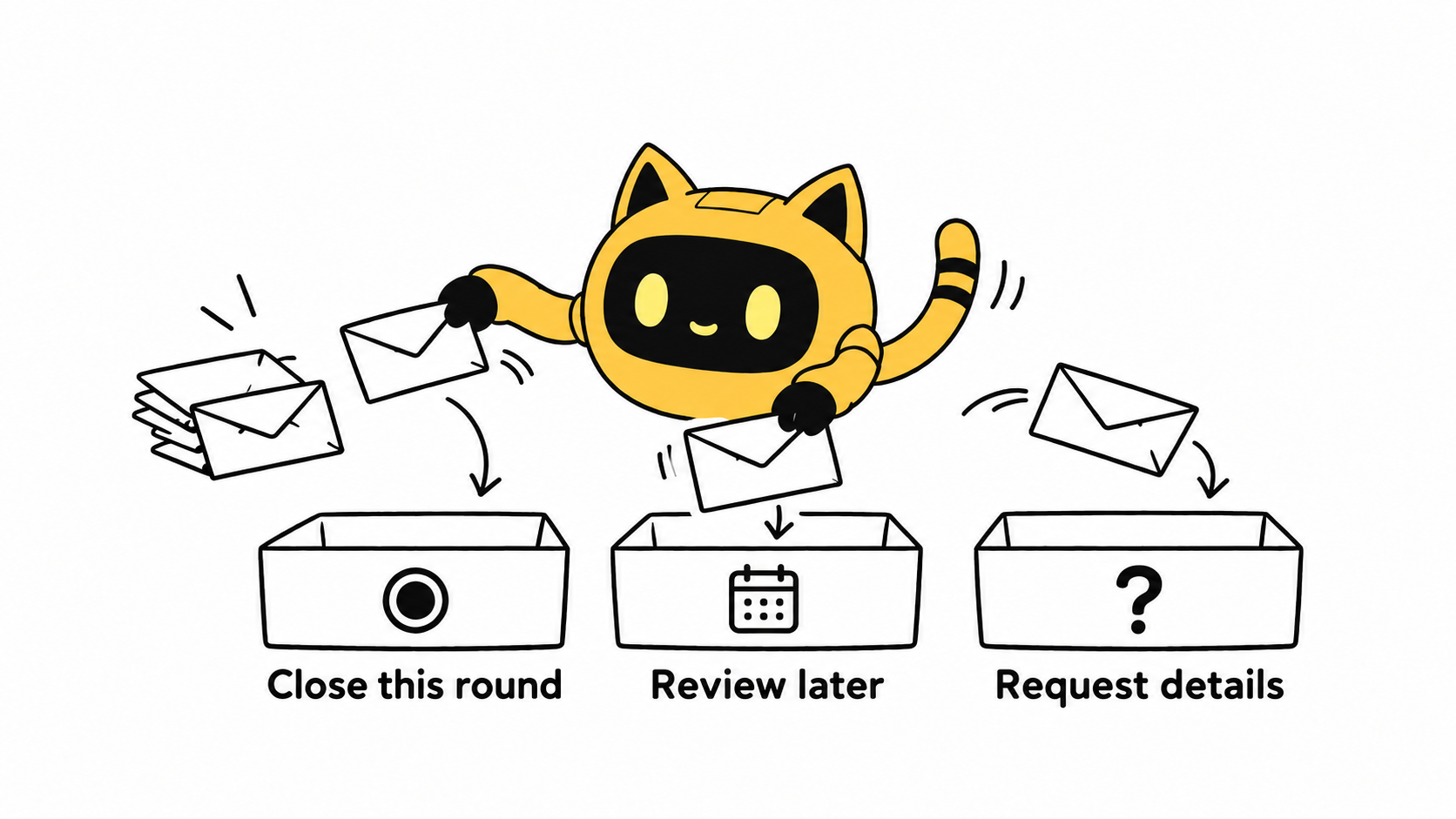 Sort pitches into close this round, review later or request details