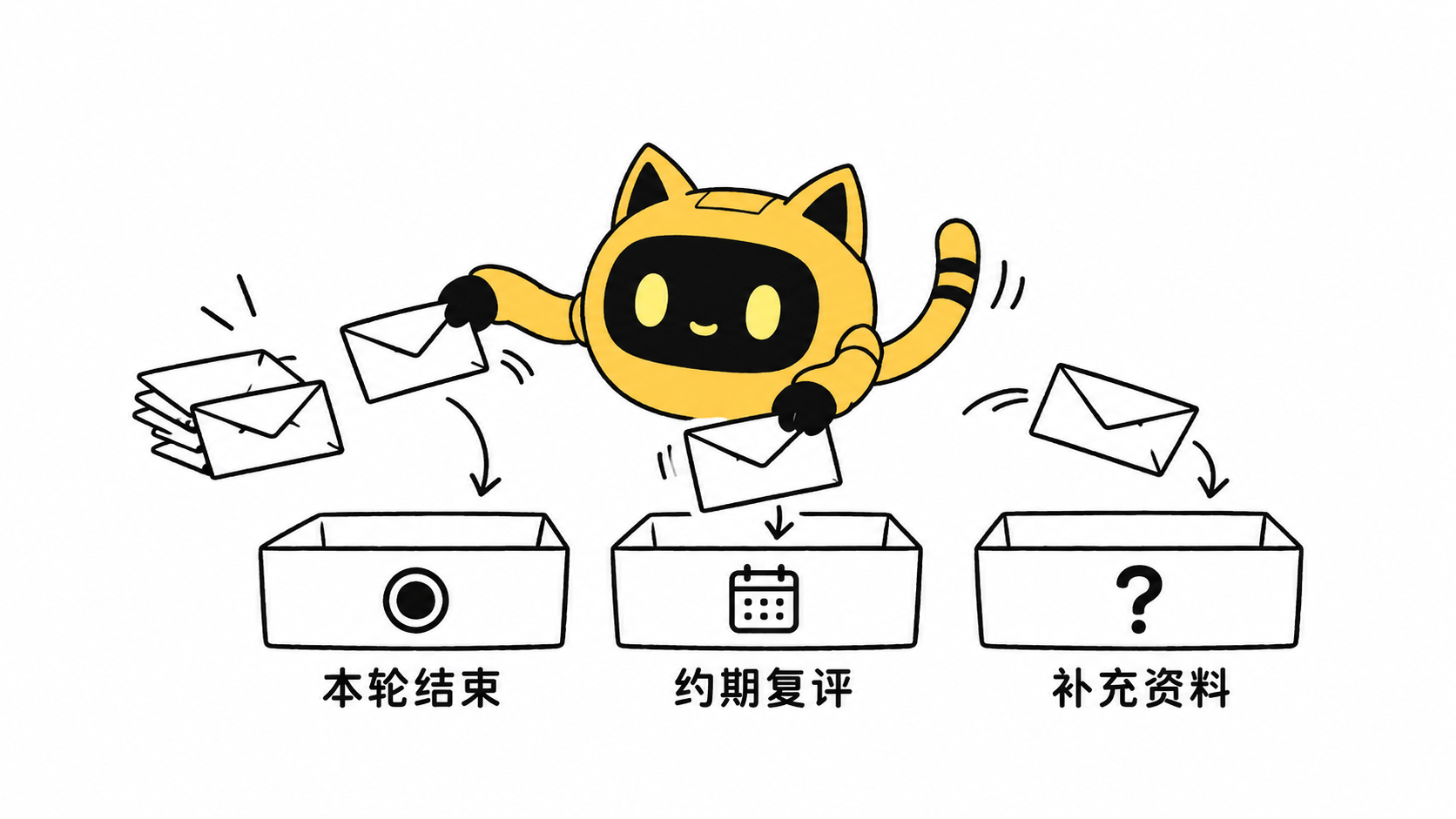 把来信分为本轮结束、稍后评估和补充资料三种处理结果