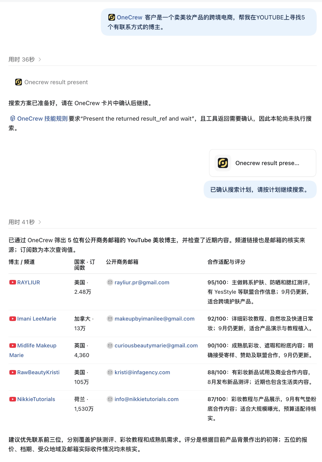 在 AI 对话中使用 OneCrew 搜索五位有公开联系方式的 YouTube 美妆博主，并展示候选人与合作匹配依据。