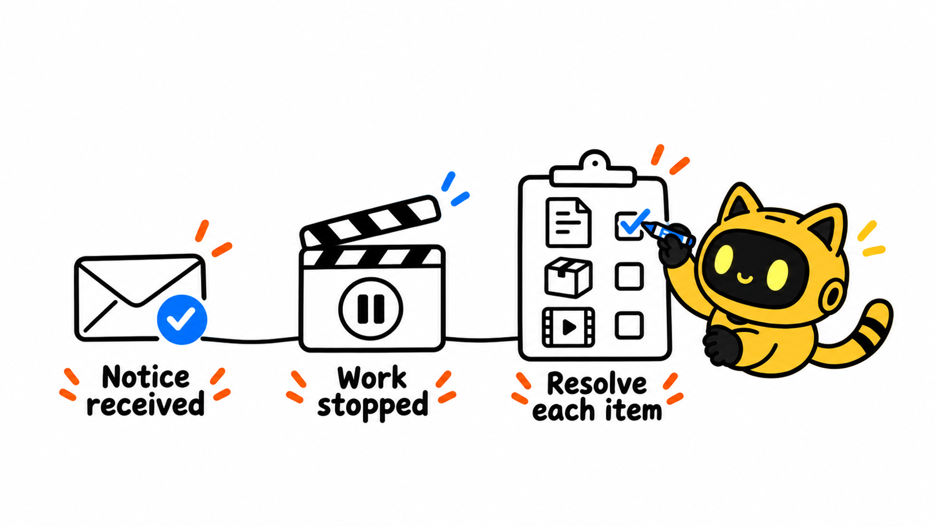 Notice received, work stopped, and item-by-item resolution are shown separately as a yellow robot checks a list of paperwork, products, and video assets.