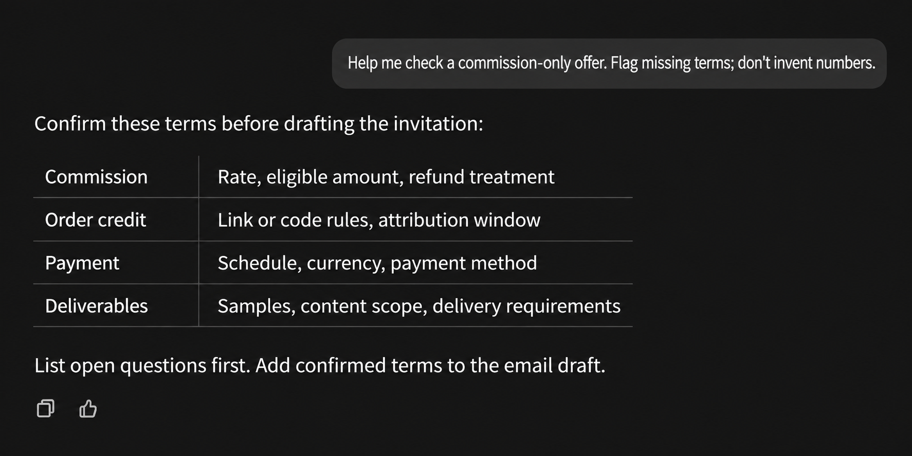A dark conversation checks commission calculations, order credit, payment and deliverables before drafting an affiliate invitation.
