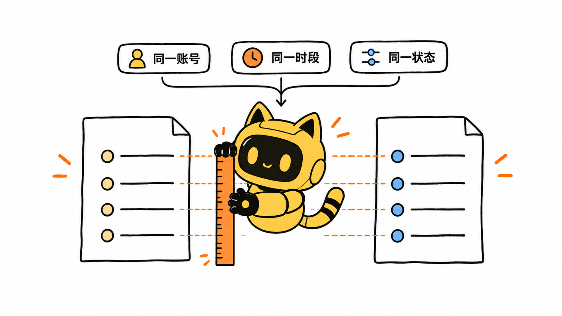黄色猫耳机器人对齐两张记录表，提醒核对同一账号、同一时段和同一状态。