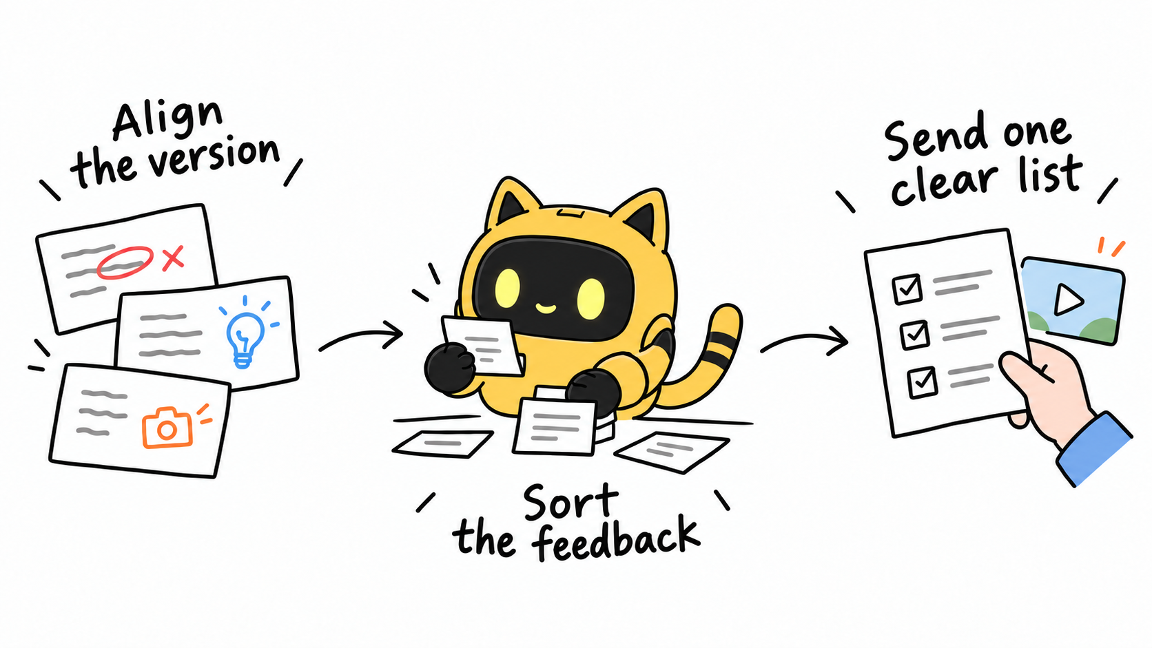 A hand-drawn yellow cat-eared robot sorts three feedback notes into one revision list held by a human editor.