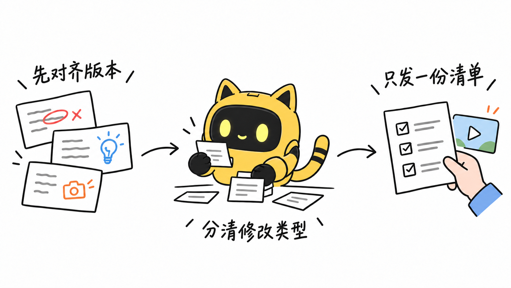 手绘流程图：黄色猫耳机器人把三份反馈分类，交给负责人汇成一份修改清单。