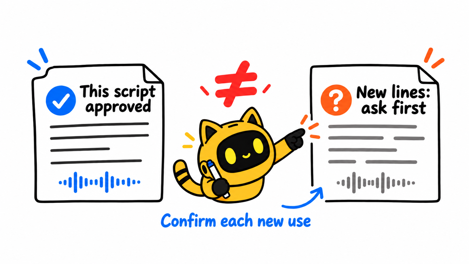 Two hand-drawn scripts read “This script approved” and “New lines: ask first,” separated by a not-equal sign. A cat-eared robot points to the new lines.