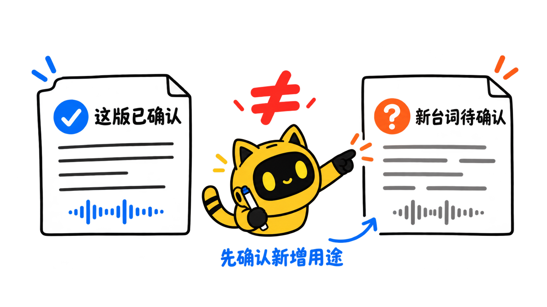 手绘图对比“这版已确认”和“新台词待确认”两份带声音波形的脚本，中间是不等号，猫耳机器人指向待确认的新台词。