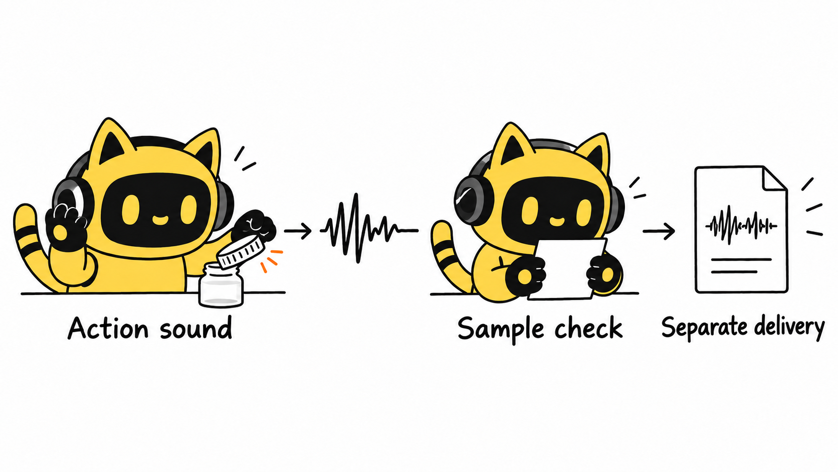 A robot demonstrates opening a cap, checks a sample, and delivers a separate sound file