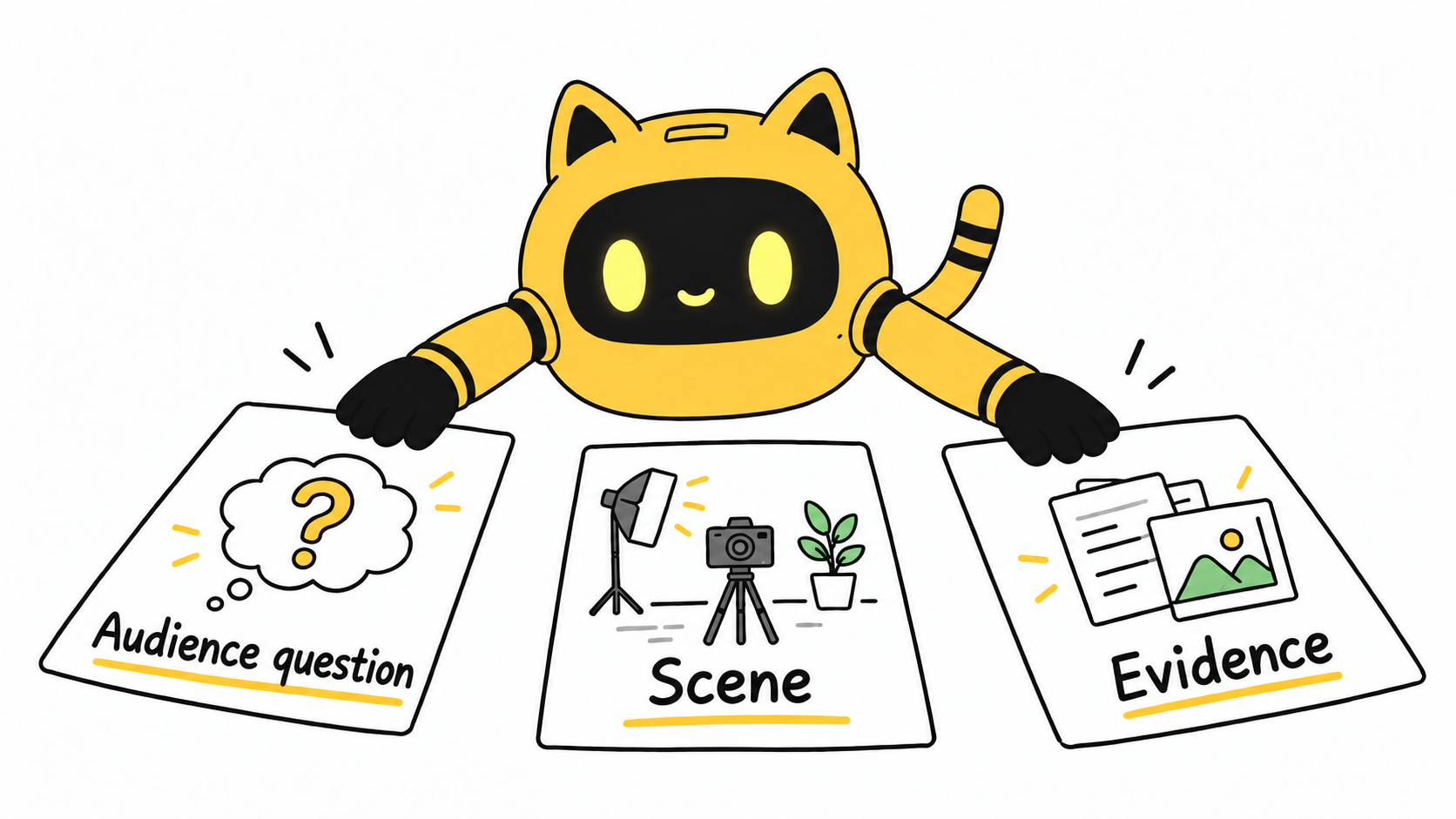 A robot compares three cards for audience questions, scenes, and evidence