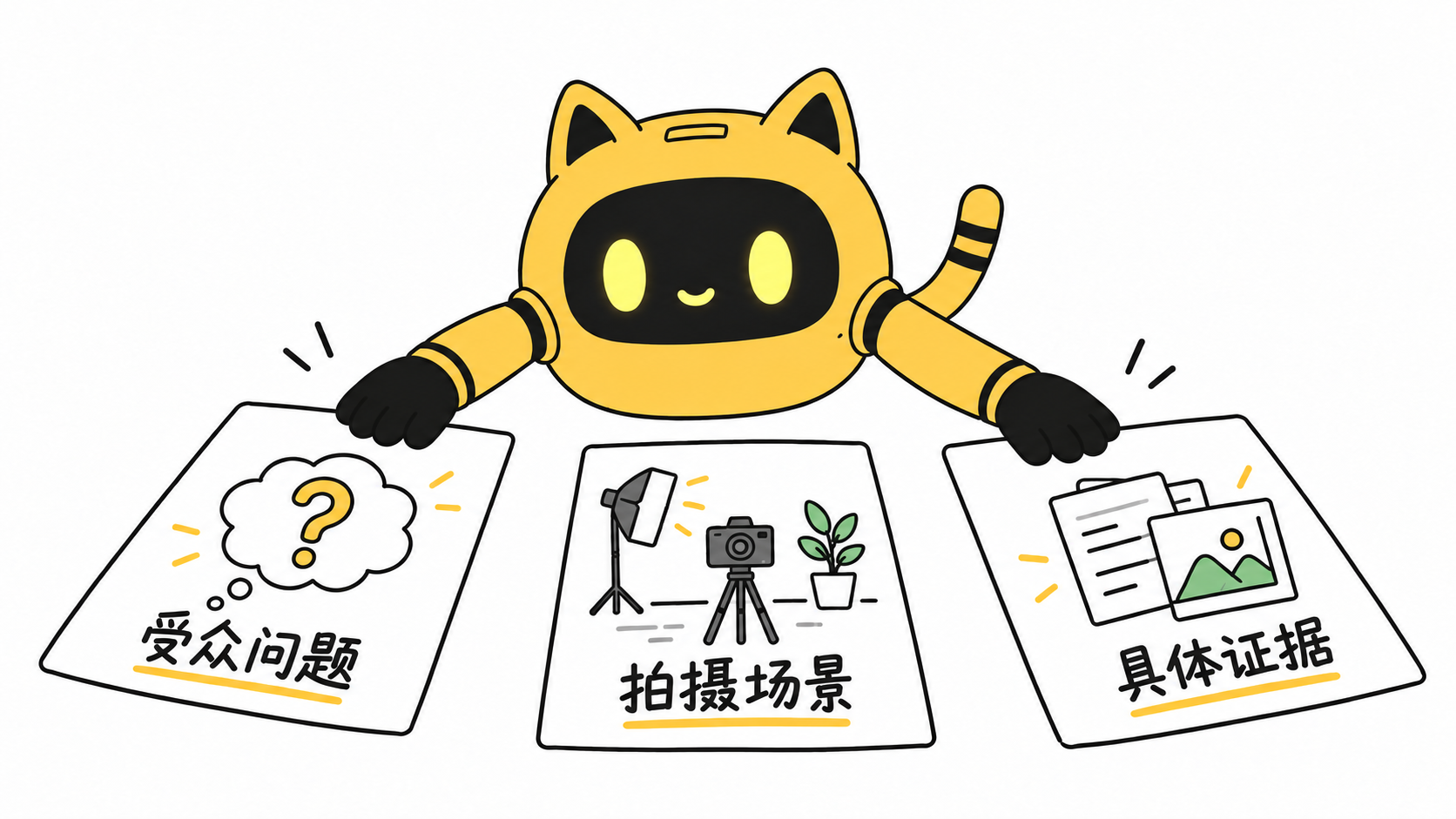 机器人对照受众问题、拍摄场景和具体证据三张卡片