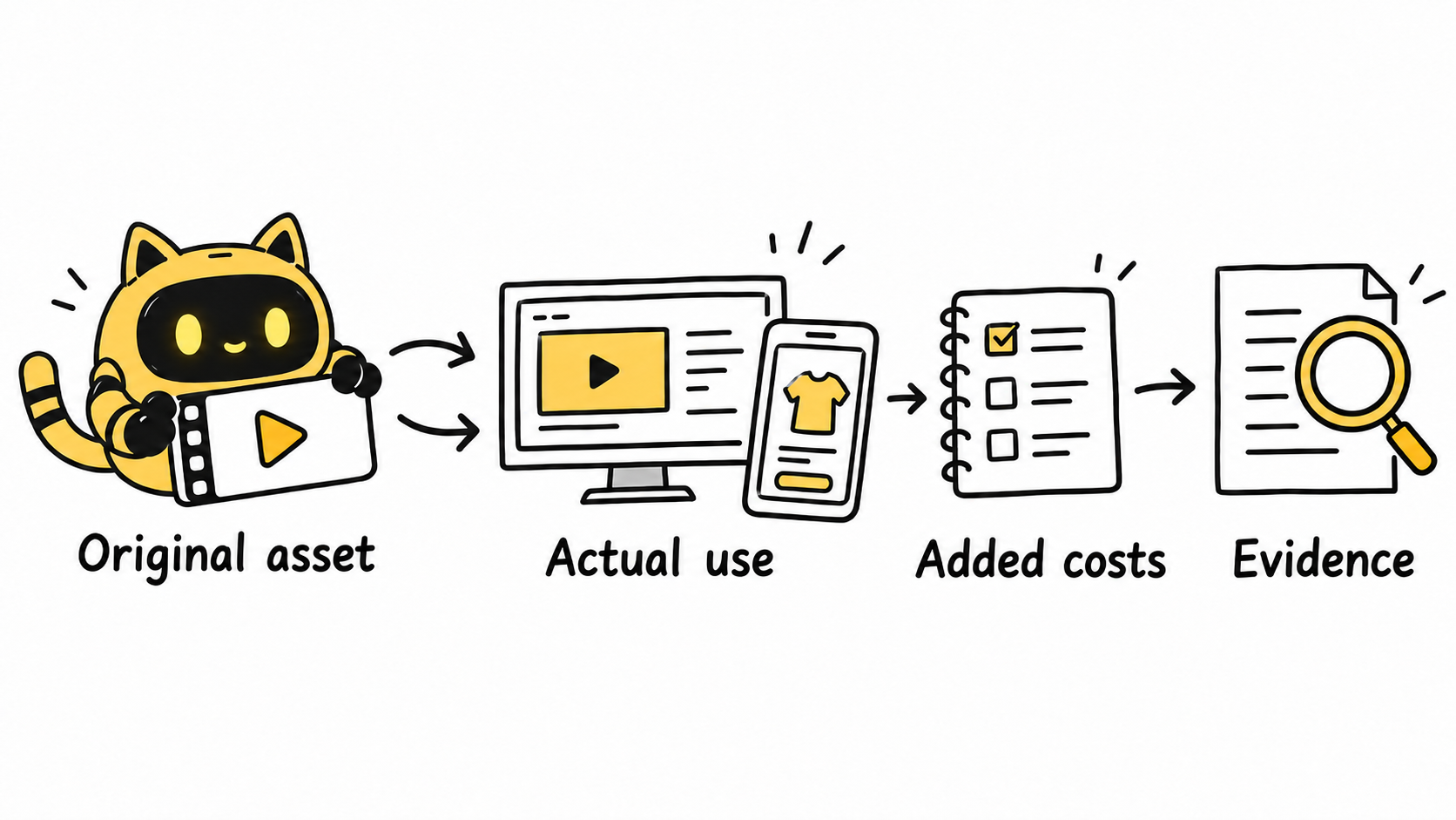 A cat-eared robot holds an original video asset, followed by actual use, added costs and evidence of results.