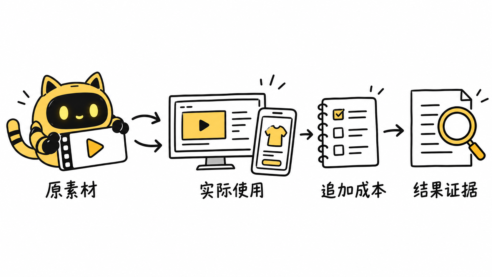猫耳机器人拿着原素材，箭头依次连接实际使用、追加成本和结果证据。