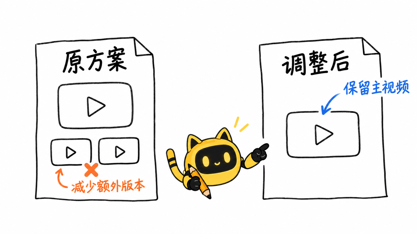 黄色猫耳机器人对比两份视频方案：左侧主视频与两个额外版本，右侧保留主视频，标注减少额外版本。