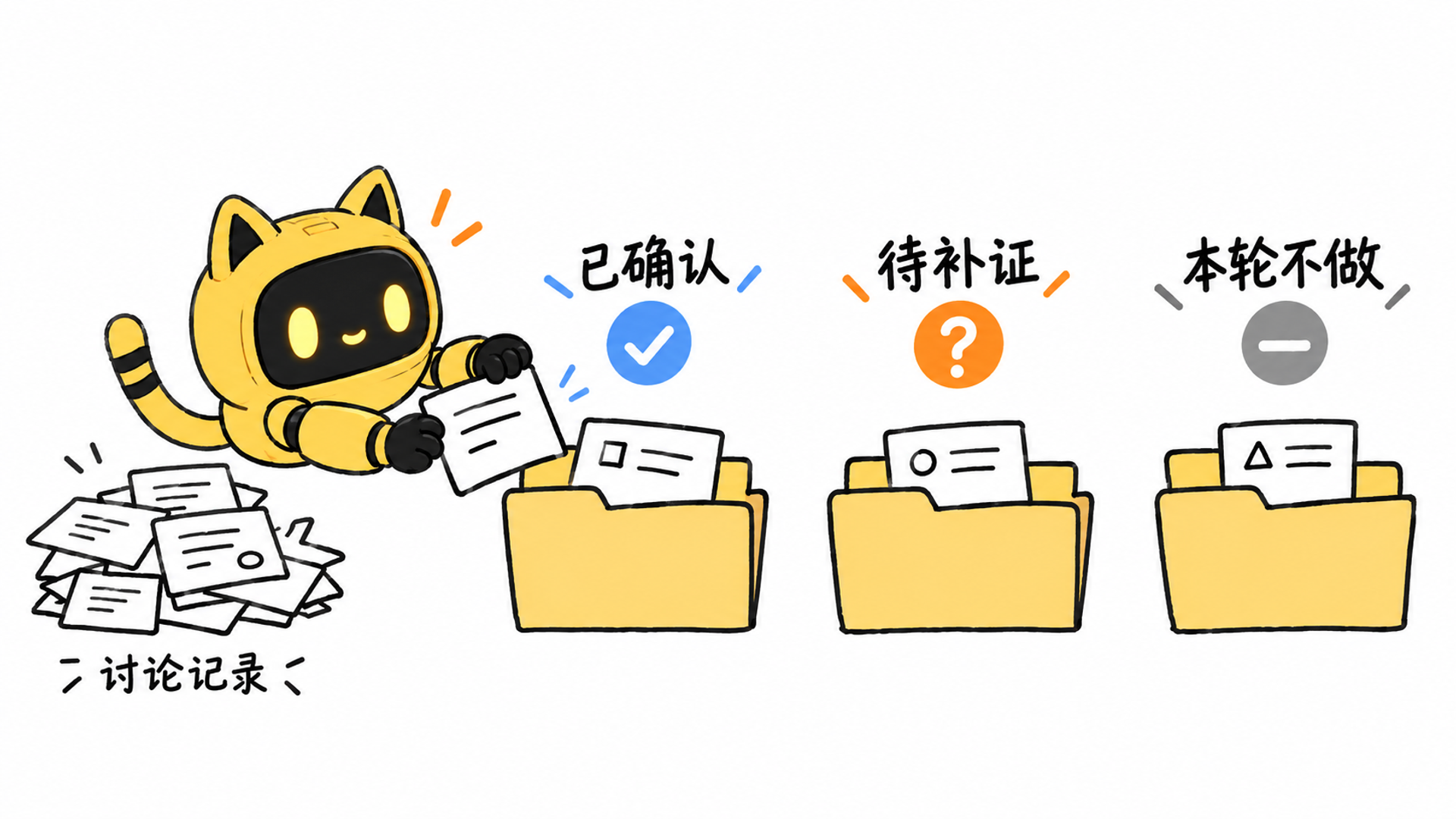 黄色猫耳机器人将讨论记录整理进“已确认”“待补证”和“本轮不做”三个文件夹。