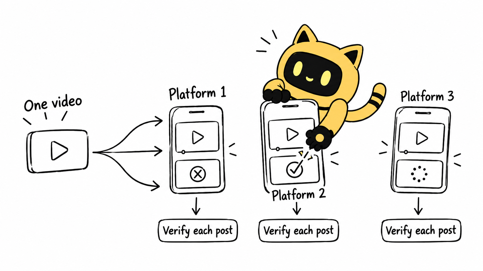 One video branches to three platforms with an independent check for each