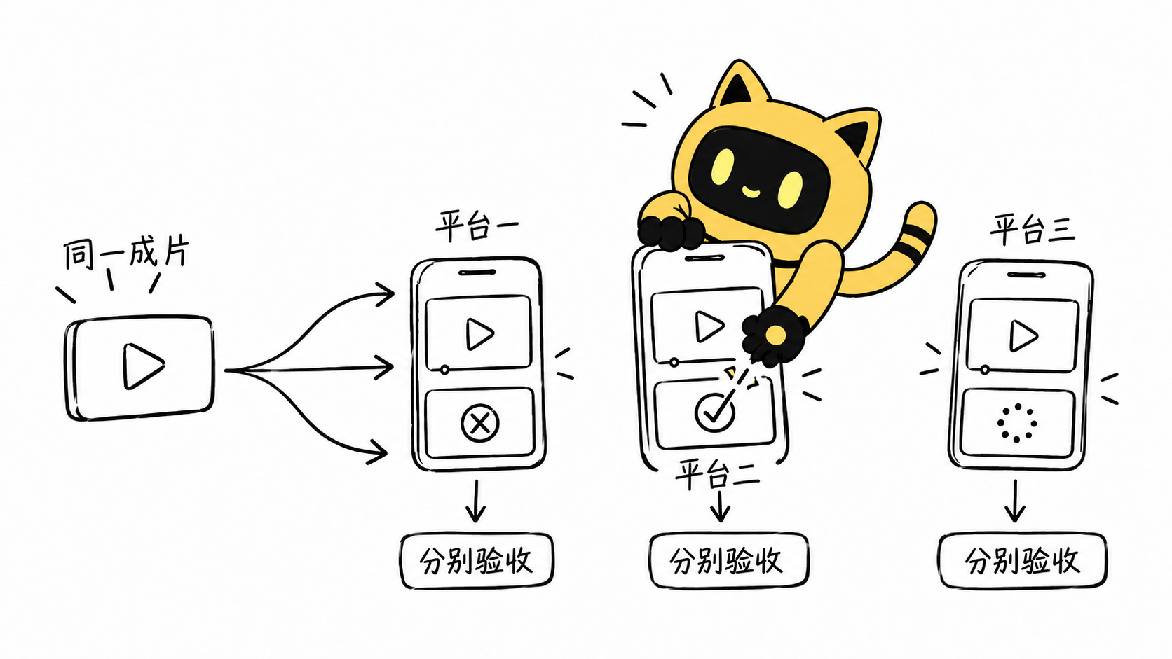 一份成片分到三个平台，每个平台独立验收