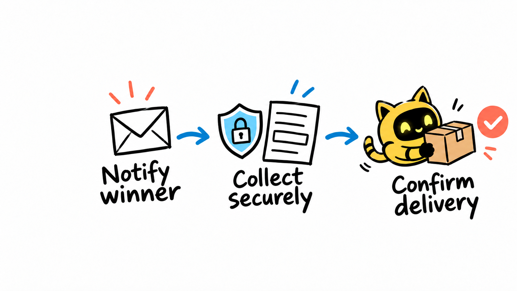 An envelope, protected form, and robot holding a parcel show winner notification, secure collection, and delivery confirmation.