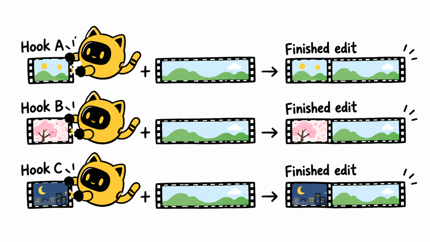 Three different hooks join the same main section to form three finished edits
