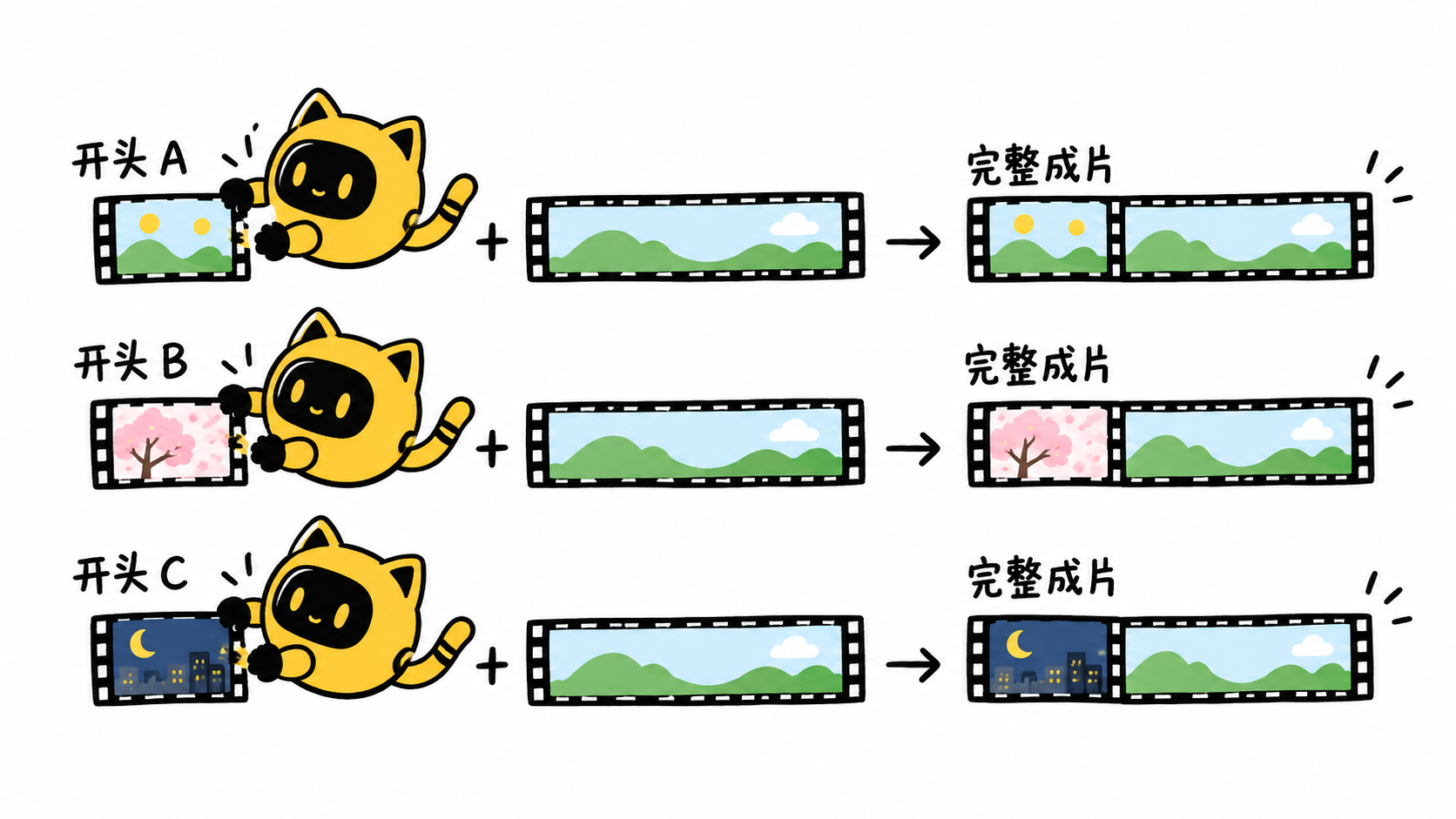 三个不同开头分别接入相同主体，形成三条完整成片