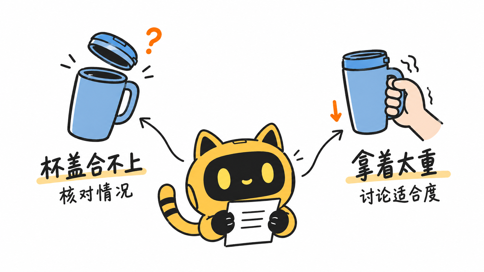 机器人整理两类杯子反馈：杯盖合不上需要核对情况，拿着太重需要讨论适合度。