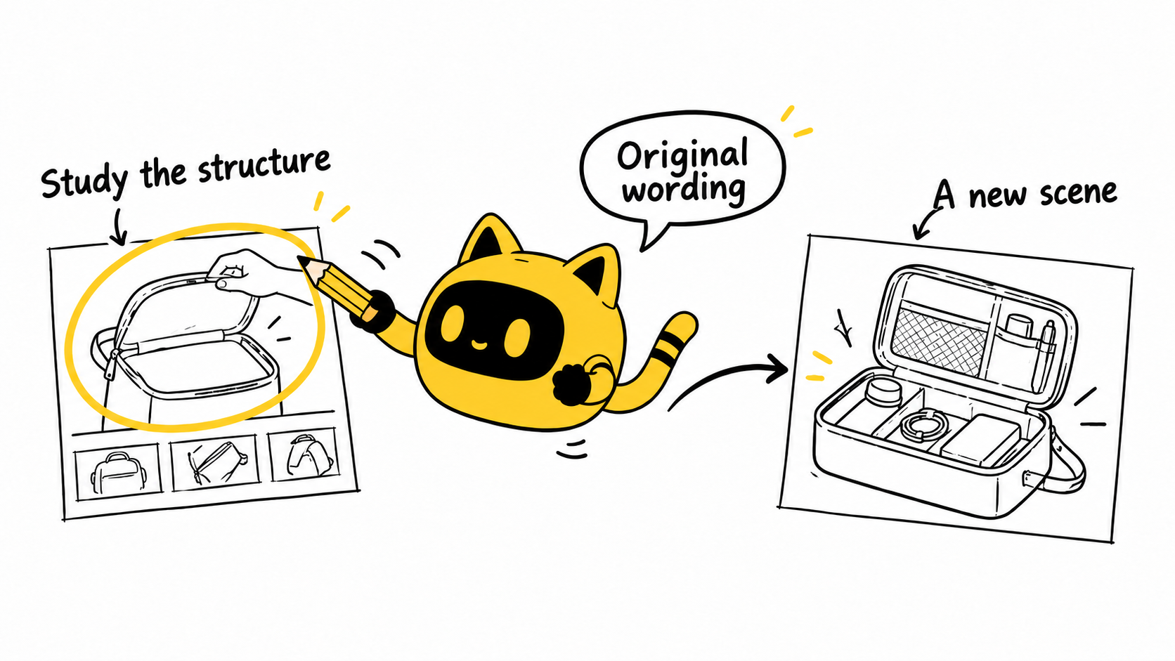 Study the reference structure, use original wording and plan a new product scene