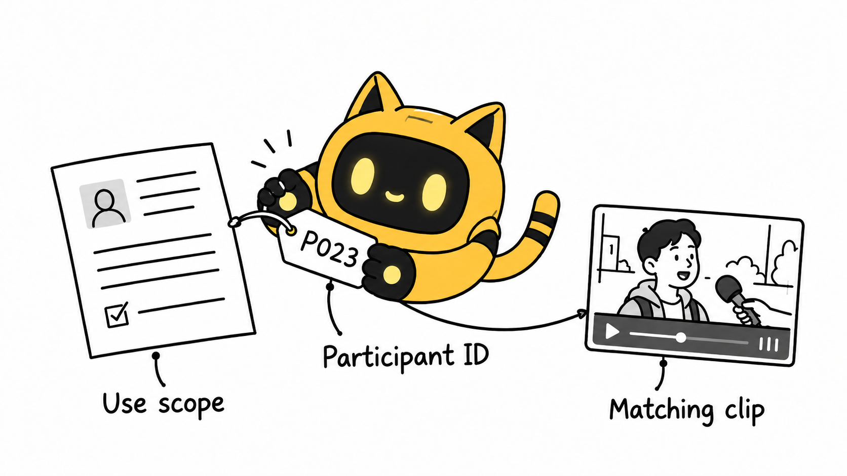 A robot matches a participant ID on a consent record and interview clip