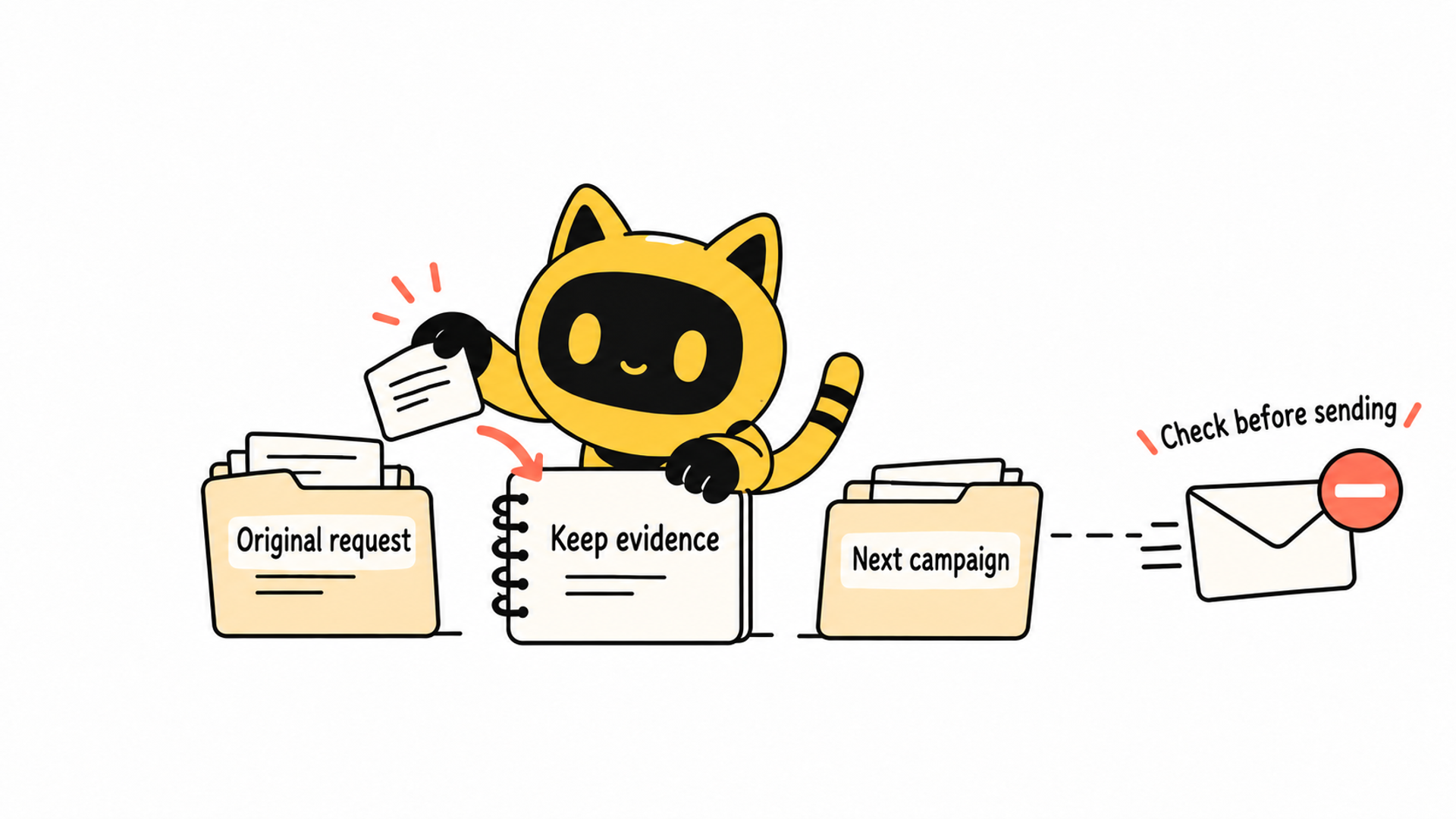 A yellow cat-eared robot carries a stop-contact record into the next project, preserving evidence for the pre-send check.
