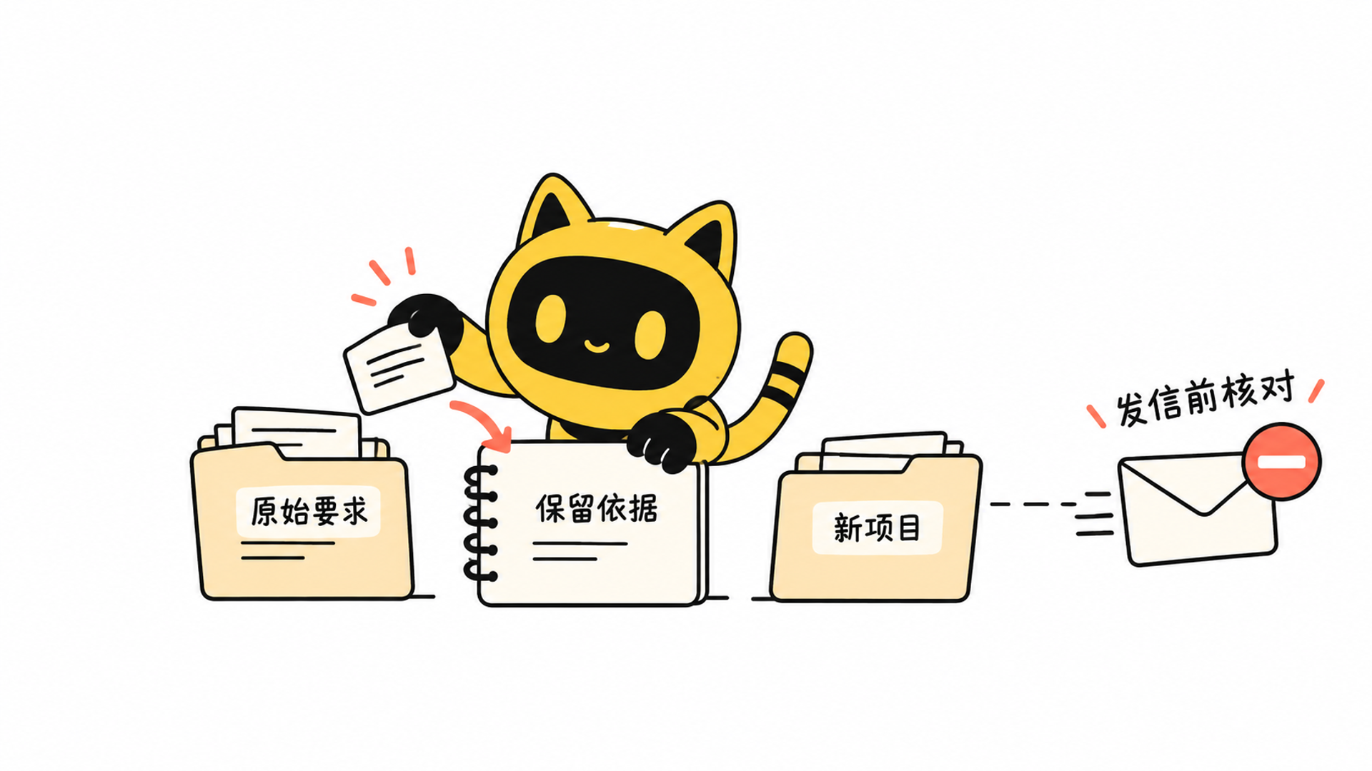 黄色猫耳机器人把停止联系记录从旧项目带入新项目，提示保存原始要求和发信前核对。