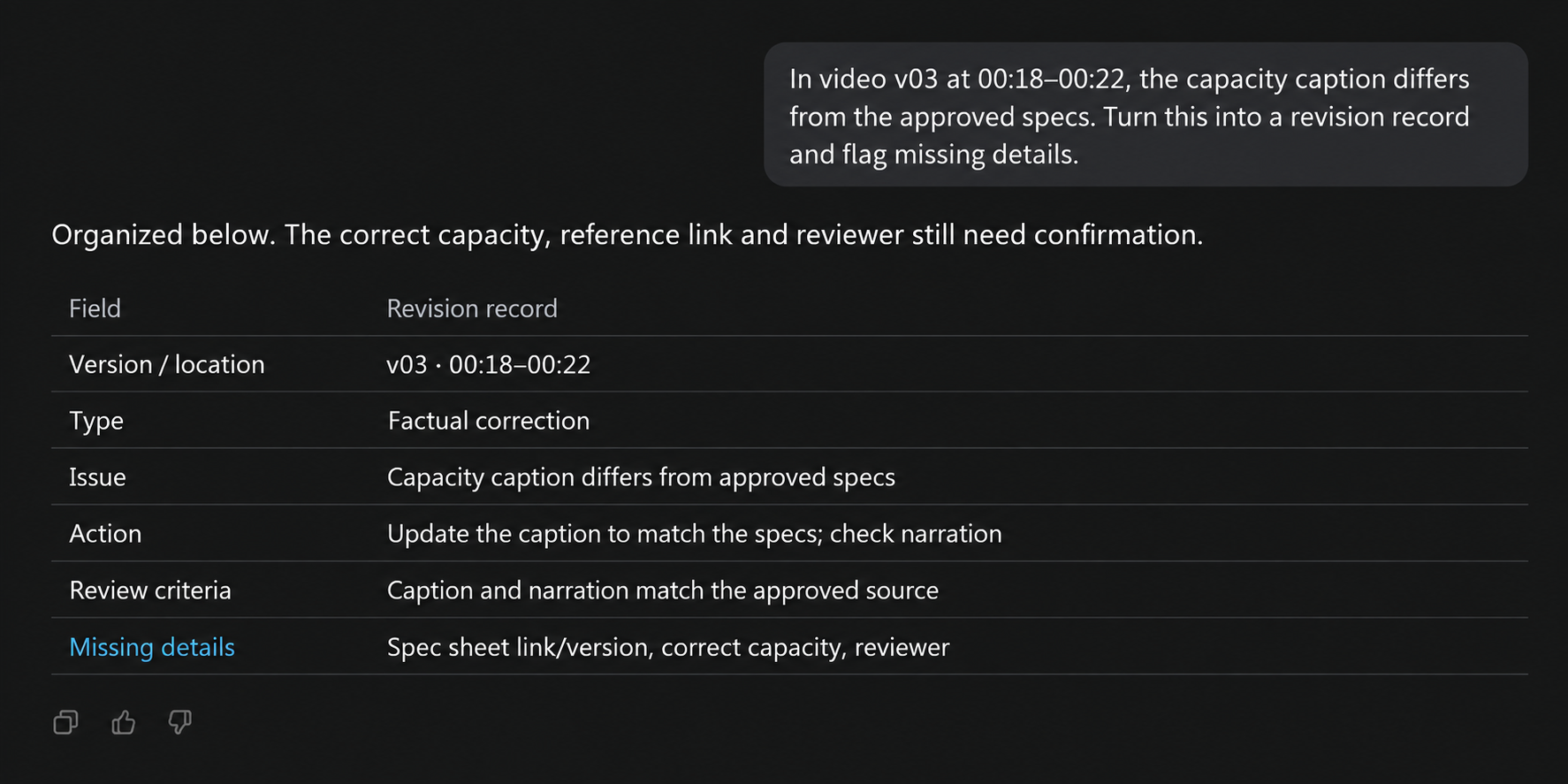 Conversation organizing the capacity-caption issue in video v03 into a revision record and flagging missing details.