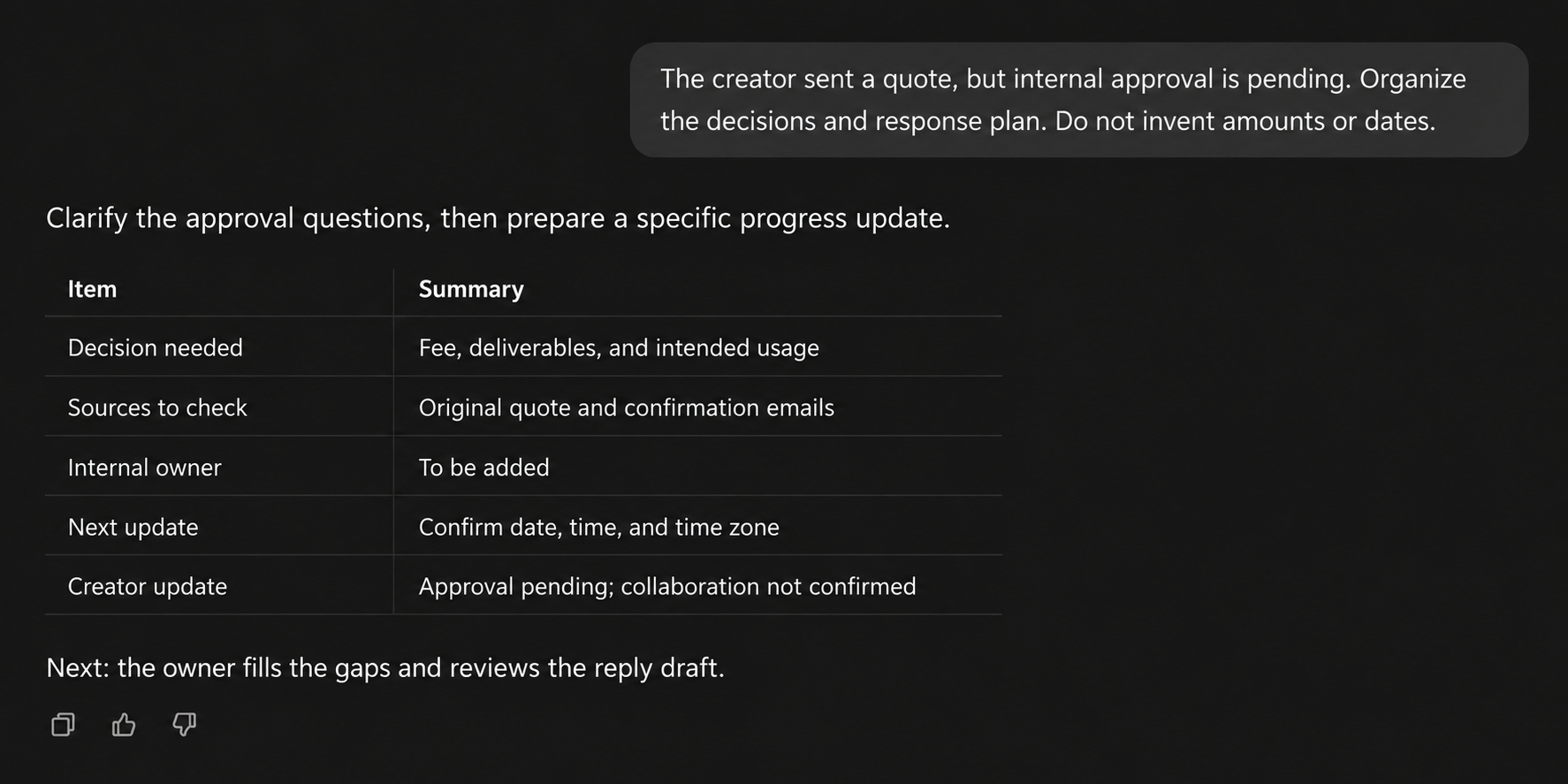 A conversation organizes a creator quote into approval decisions, source messages, an owner, and the next update time.