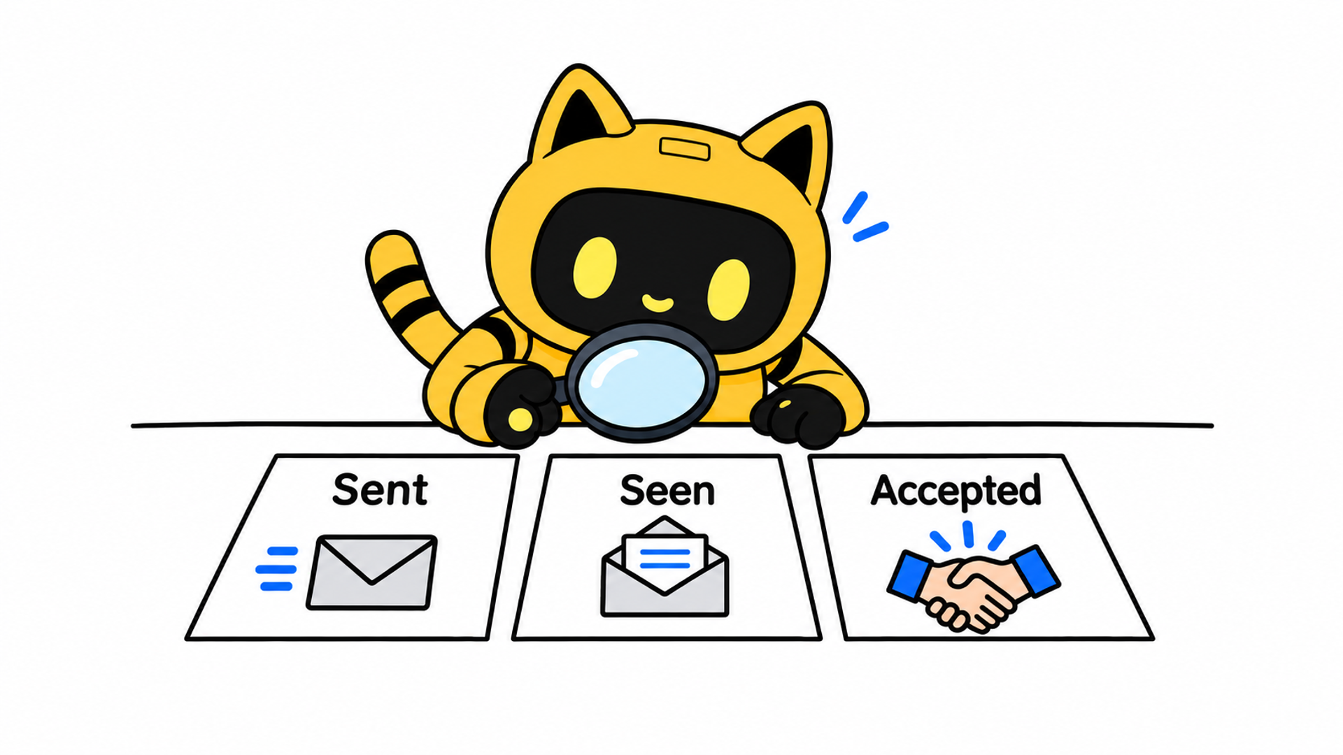 A yellow cat-eared robot checks three evidence cards labeled Sent, Seen, and Accepted.