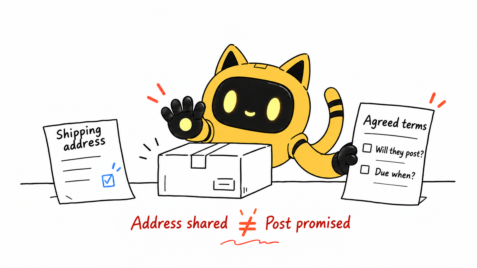 The OneCrew mascot compares a shipping address with agreed posting terms beside a sample parcel.
