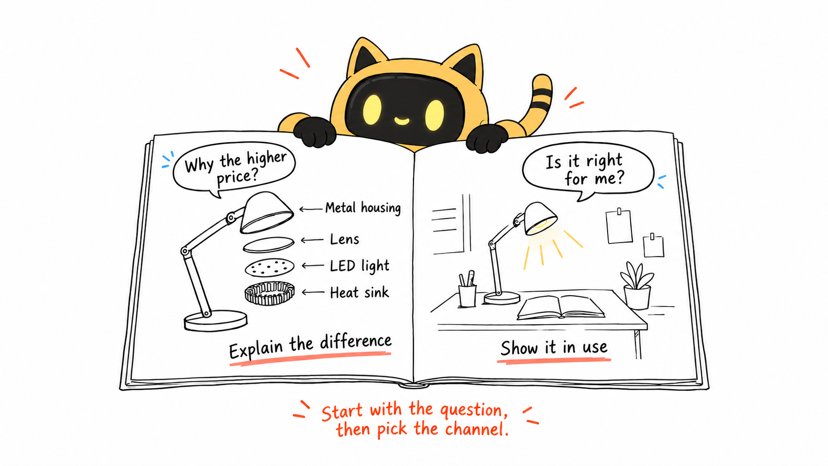 The OneCrew mascot opens a lamp guide showing materials and components on one side and a use case on the other.