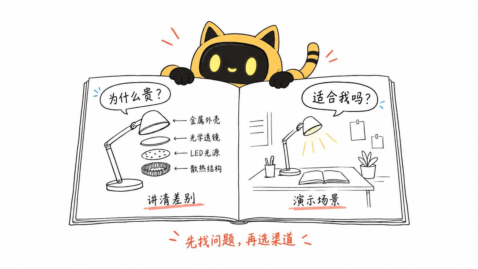 OneCrew 吉祥物翻开台灯说明册，一侧解释材质和结构，另一侧展示使用场景。