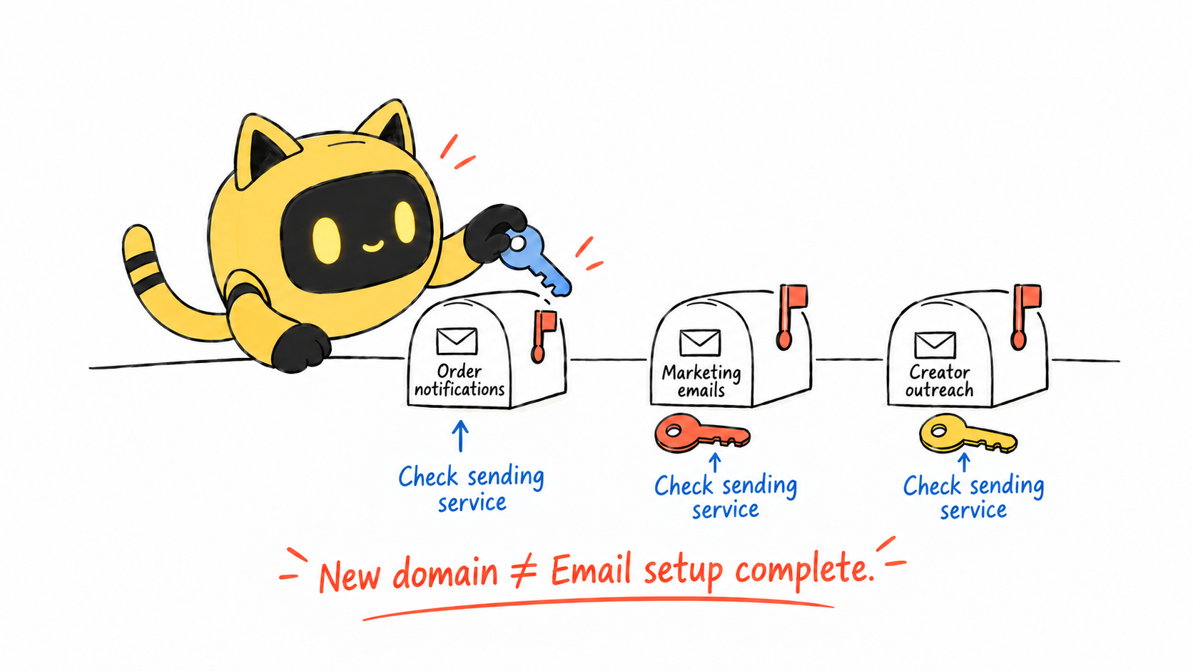 The OneCrew mascot stands beside separate mailboxes for order notifications, marketing emails and creator outreach, each needing a sending-service check.