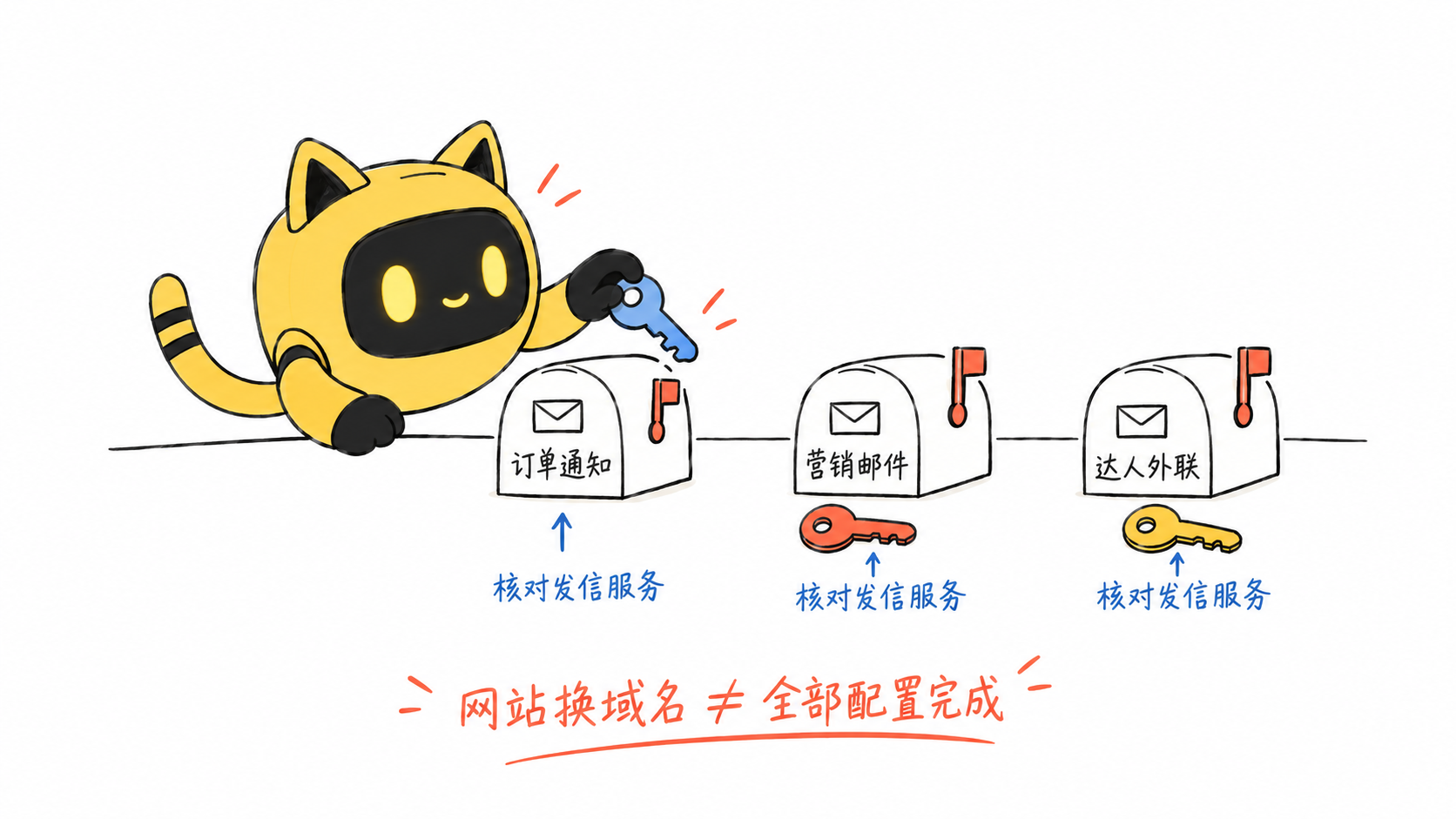 OneCrew 吉祥物面对订单通知、营销邮件和达人外联三个邮箱，每个都需要核对发信服务。