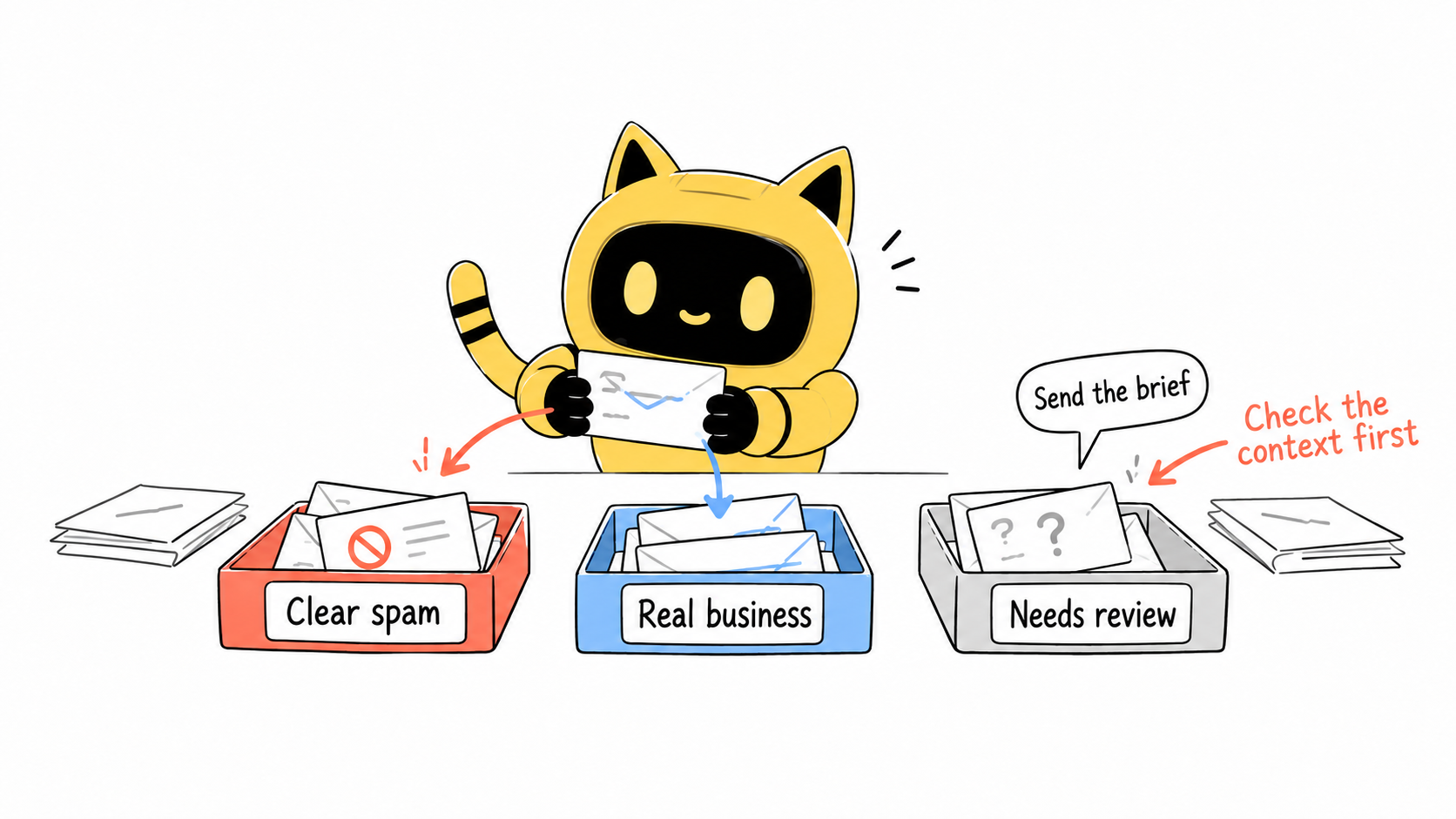 The OneCrew mascot sorts mail into clear spam, real business and needs review; a brief request is flagged for a context check.