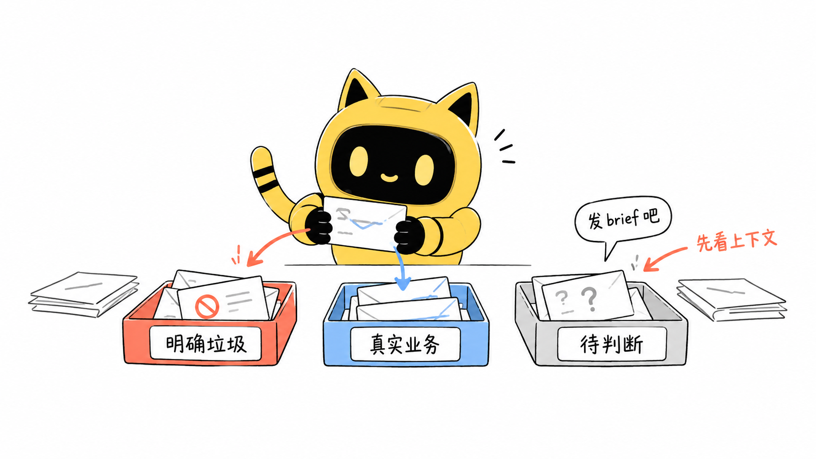 OneCrew 吉祥物把邮件分到明确垃圾、真实业务和待判断三个托盘，待判断区有“发 brief 吧”的回复。