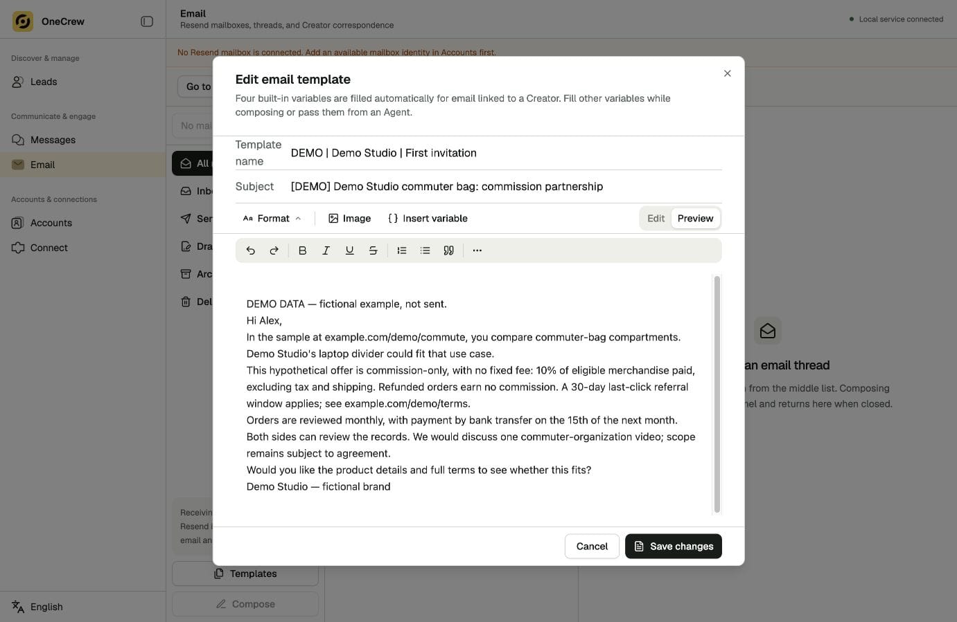 OneCrew email editor for preparing a first invitation from product and collaboration details.