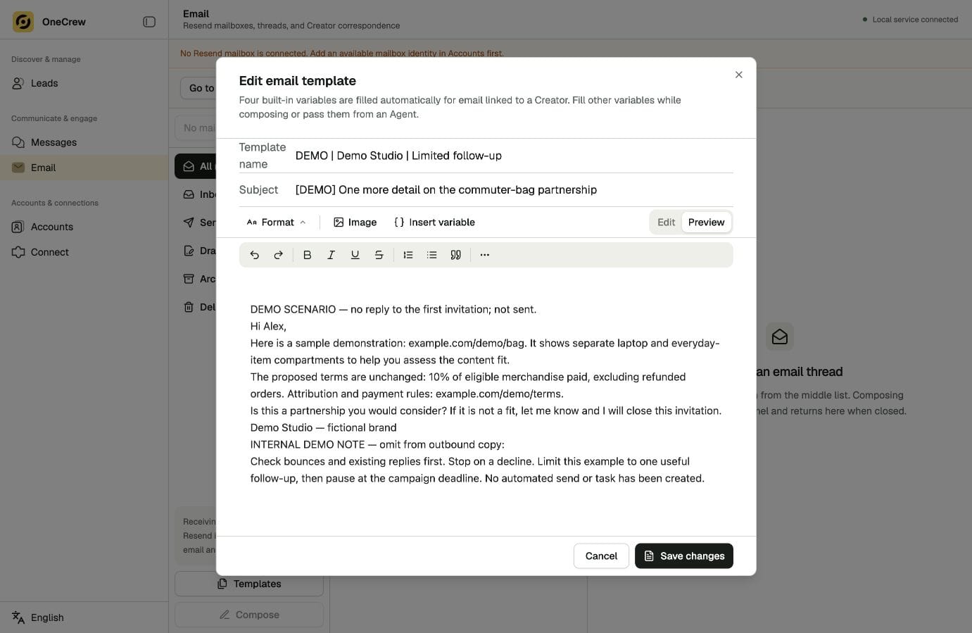 OneCrew email editor for preparing a creator follow-up from the existing conversation.