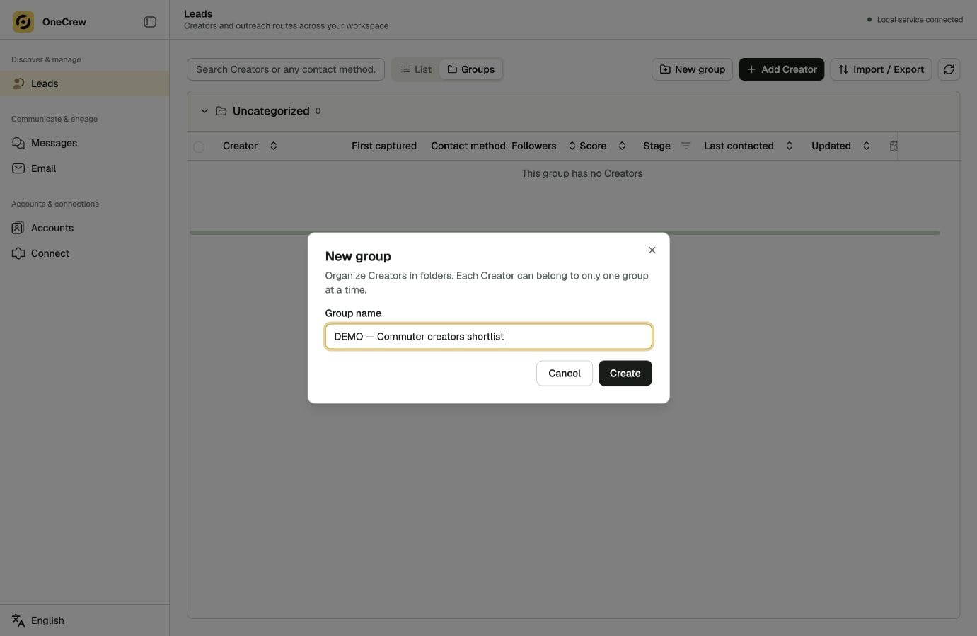 Actual OneCrew interface: preparing a campaign lead group, using demo information.