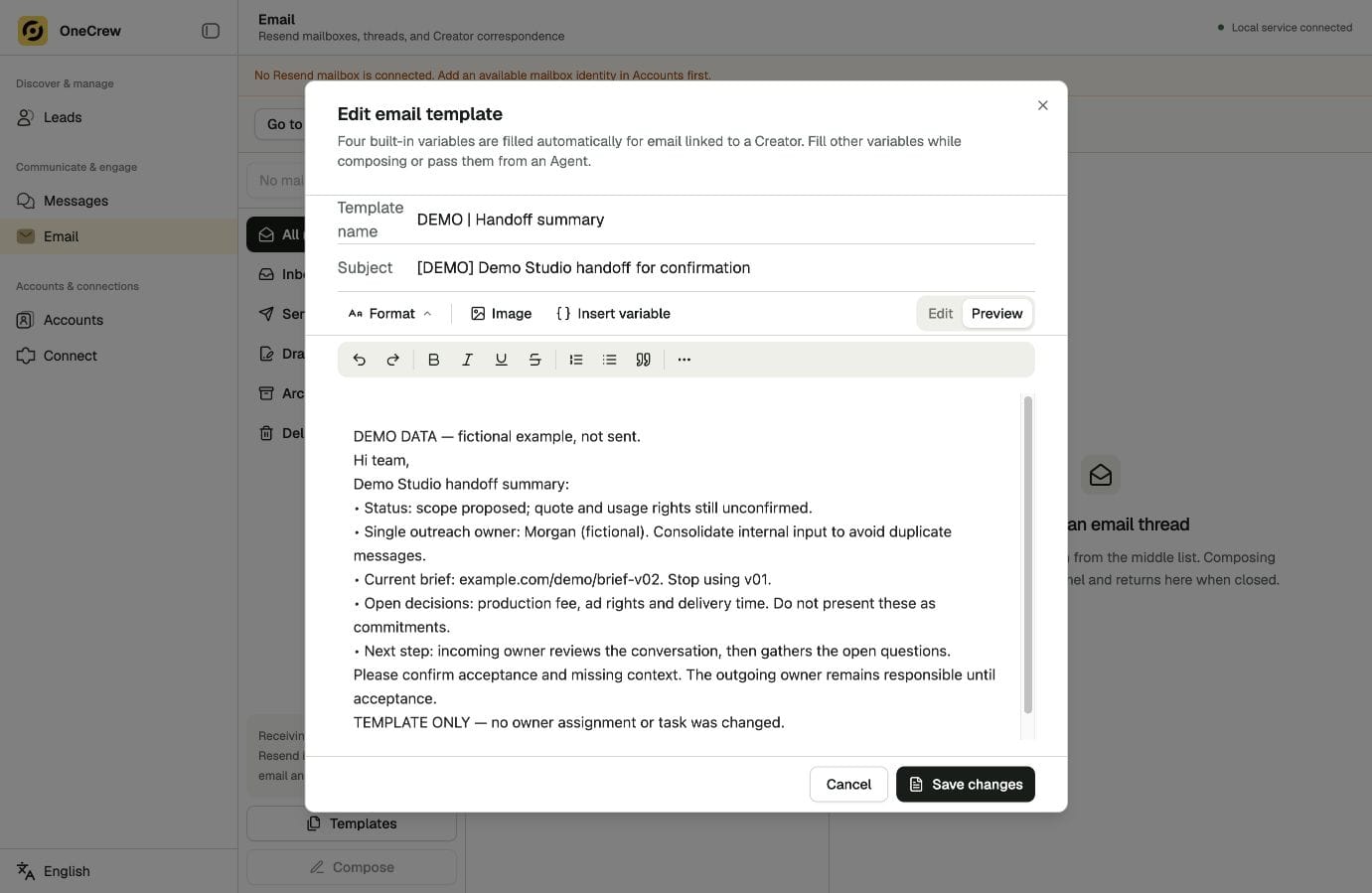 Actual OneCrew interface: preparing a handoff with ownership and open questions, using demo information.