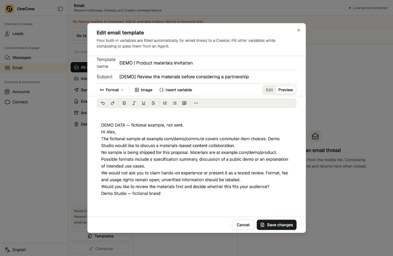 Actual OneCrew interface: preparing an introductory invitation from product materials, using demo information.