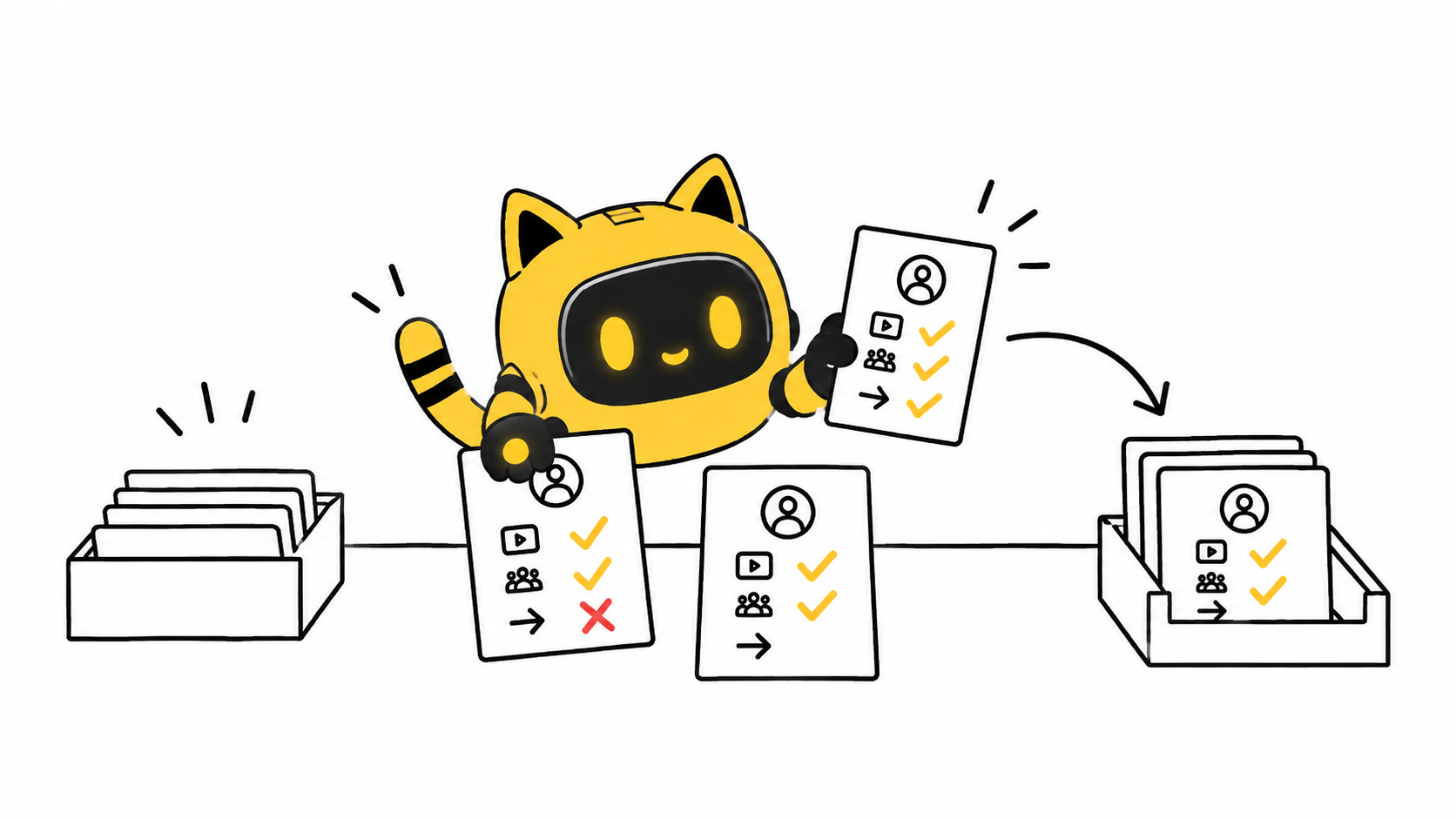 Hand-drawn diagram of a yellow cat-ear robot sorting incoming partnership pitches by evidence, scope, and next action.