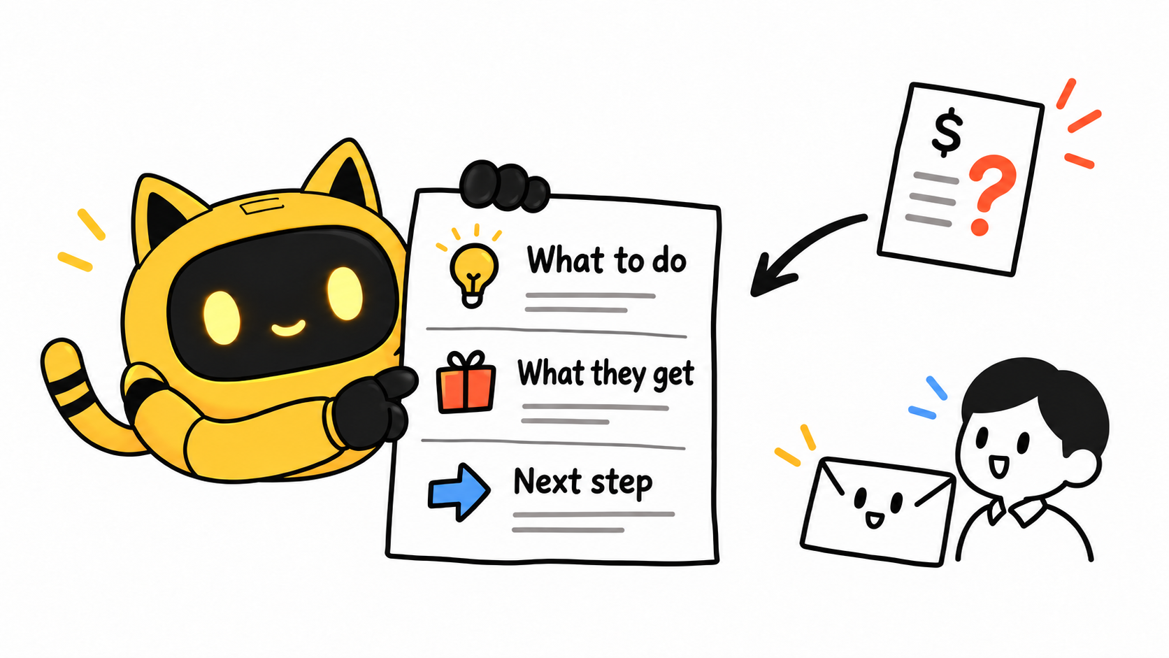 The yellow OneCrew cat-ear robot holds a collaboration brief labelled “What to do,” “What they get,” and “Next step,” while a rate card points toward it.