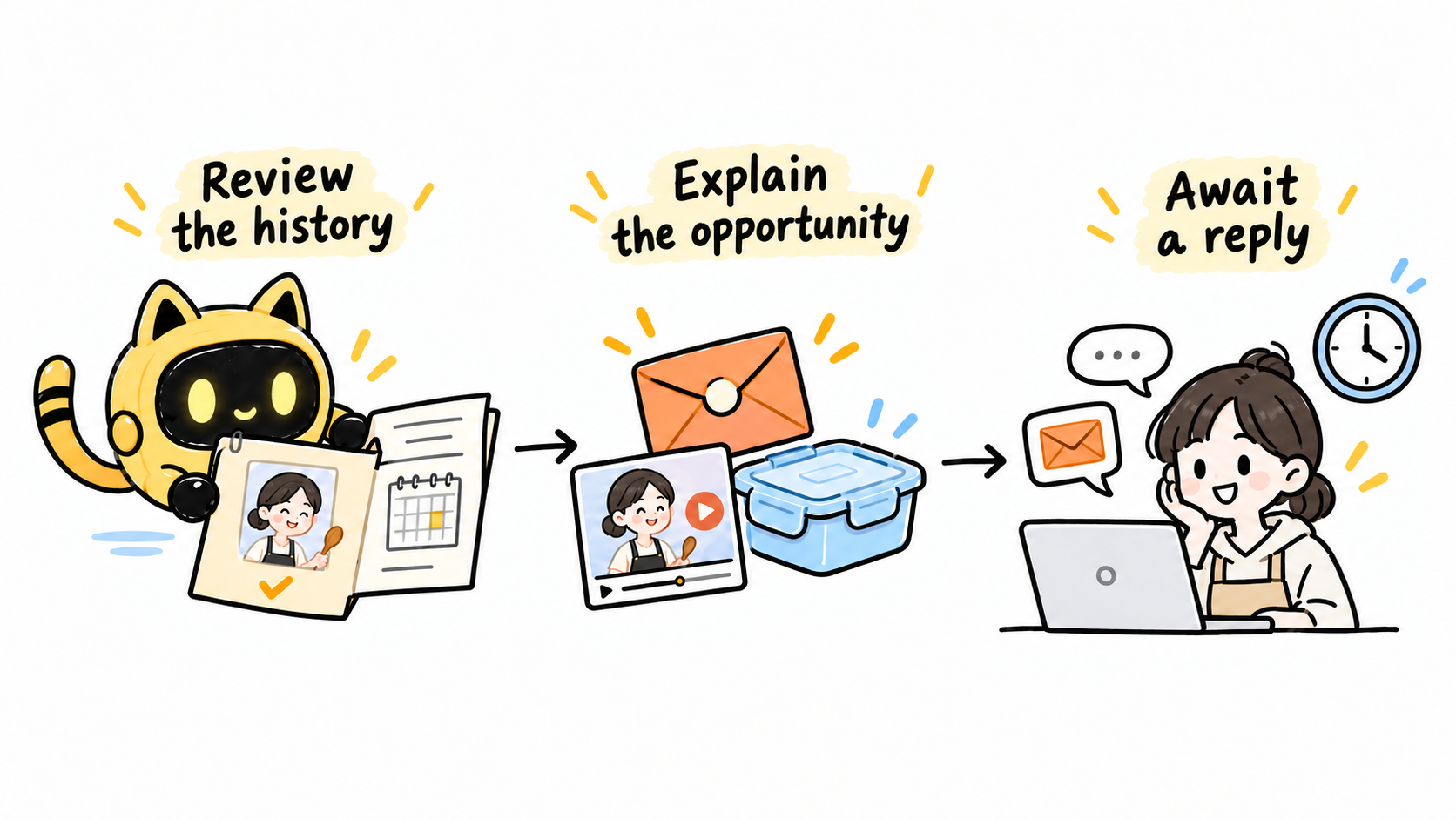 A yellow robot reviews an old project file, a new invitation and food container explain the opportunity, and a cooking creator considers a reply. Arrows link the steps.