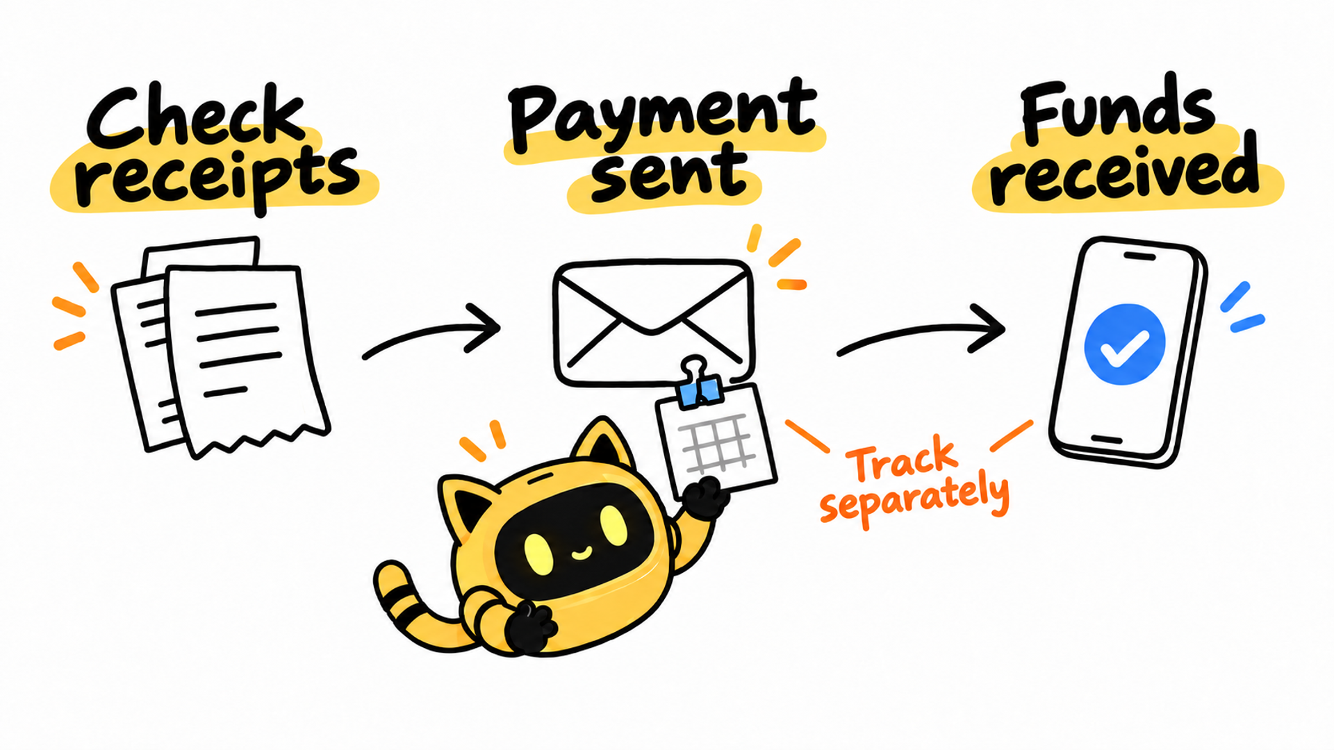 A hand-drawn sequence shows receipts checked, payment sent, and funds received; a cat-eared robot holds a calendar to track the milestones separately.