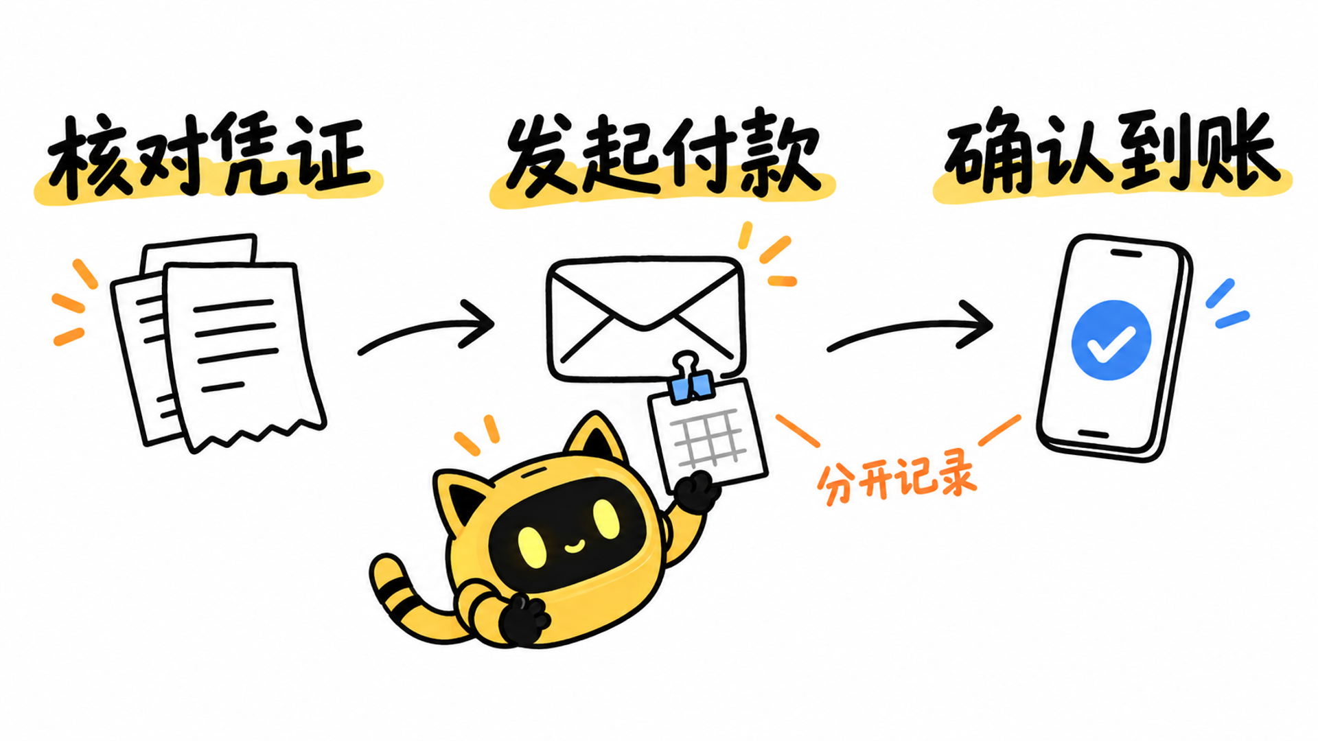 手绘图依次展示核对凭证、发起付款和确认到账，猫耳机器人拿着日历，提示付款与到账要分开记录。