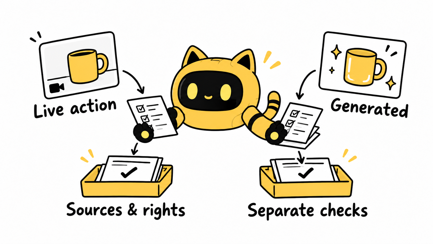 Live-action and generated content have separate source and acceptance checks